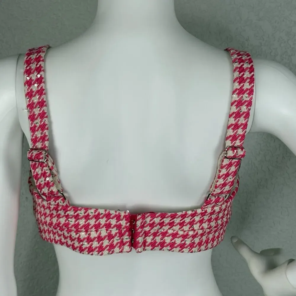 Rivir Houndstooth Bustier Crop Top Bralette Tweed Pink White Size S